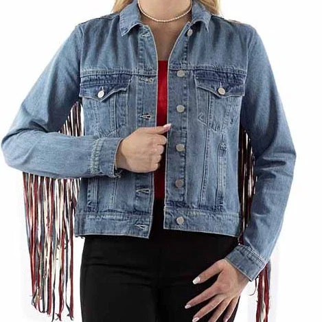 Americana Fringe Denim Jacket at Bourbon Cowgirl Cotton Fabric Linen Fabric Terry Fabric