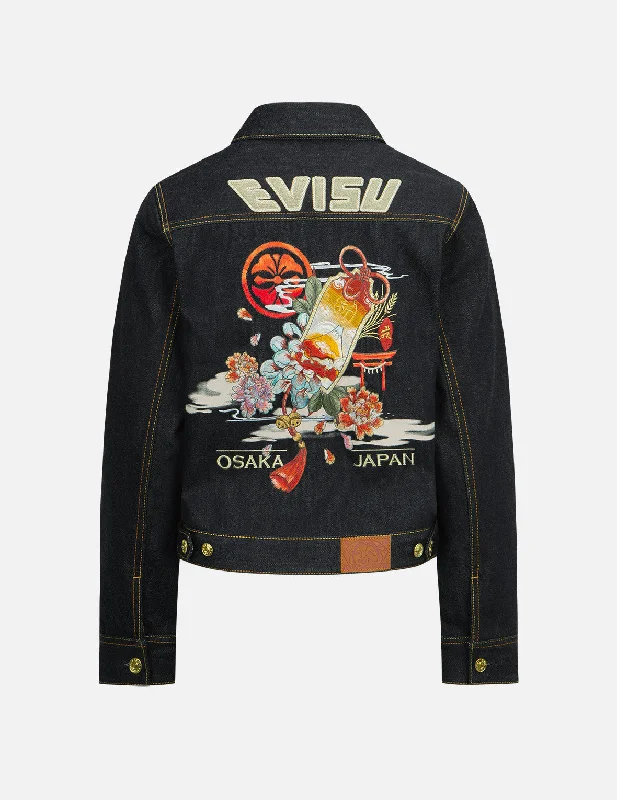 Amulet and Peonies Embroidered Denim Jacket Oversized Jacket Tailored Jacket Straight Jacket