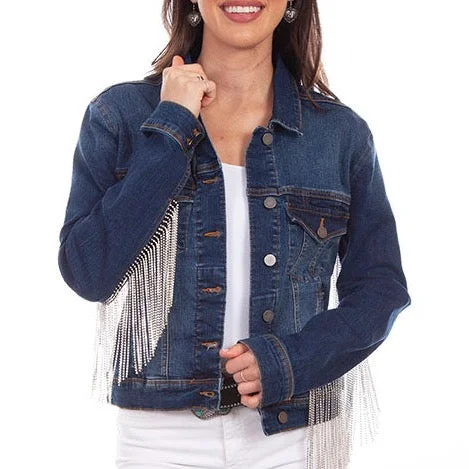 Blue Denim Jacket with Rhinestone Fringe at Bourbon Cowgirl Rayon Fabric Velvet Fabric Corduroy Fabric