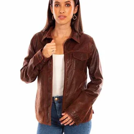 Brown Snap Front Leather Jacket at Bourbon Cowgirl Welt Pockets Slit Pockets Flap Pockets