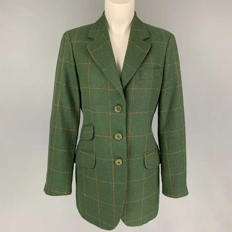 CHEAP and CHIC by MOSCHINO Size 10 Green Orange Virgin Wool Windowpane Jacket Blazer Chenille Fabric Brocade Fabric Lace Fabric