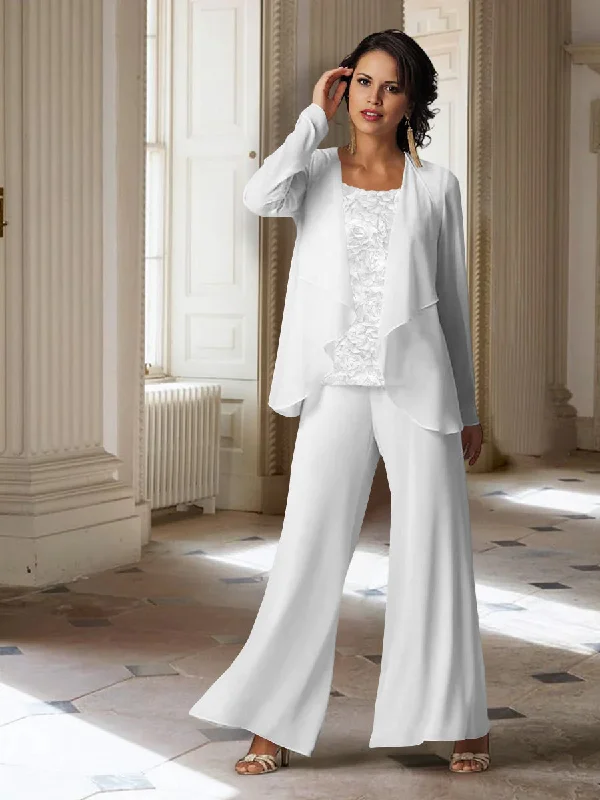 Chiffon Long Sleeves Mother of the Bride Pantsuits with Jacket Lace Jacket Ribbed Jacket Sequined Jacket