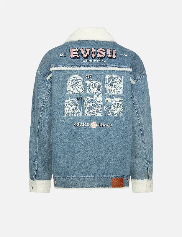 Daruma and Fortune Cat Embroidery Sherpa-lined Denim Jacket Front Pockets Side Pockets Patch Pockets