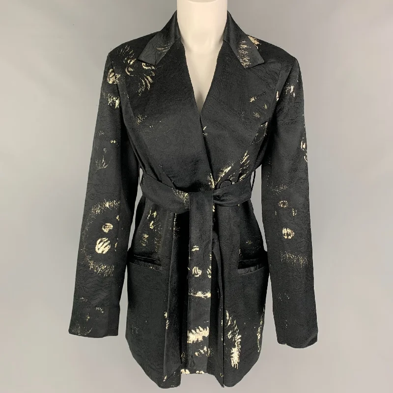 DRIES VAN NOTEN Size S Black Silver Gold Jacquard Jacket Blazer Trench Coat Raincoat Waterproof Jacket