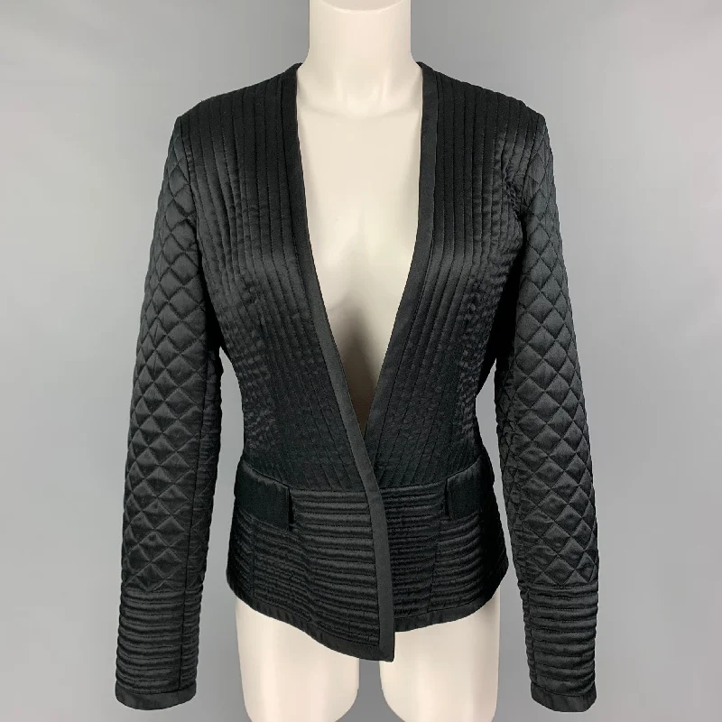 ETRO Size 8 Black Silk Quilted Collarless Jacket Blazer Chenille Jacket Brocade Jacket Lace Jacket