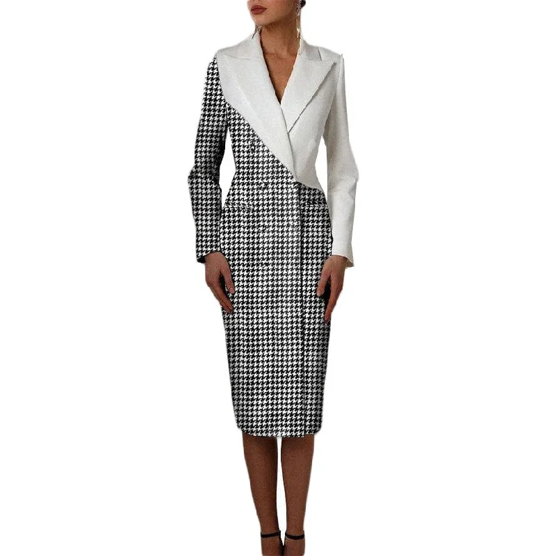 Plaid Double Breasted Women Slim Long Jacket Suits Ladies Prom Evening Guest Formal Wear Customized Blazer Collared Jacket Crew Neck Jacket Turtle Neck Jacket