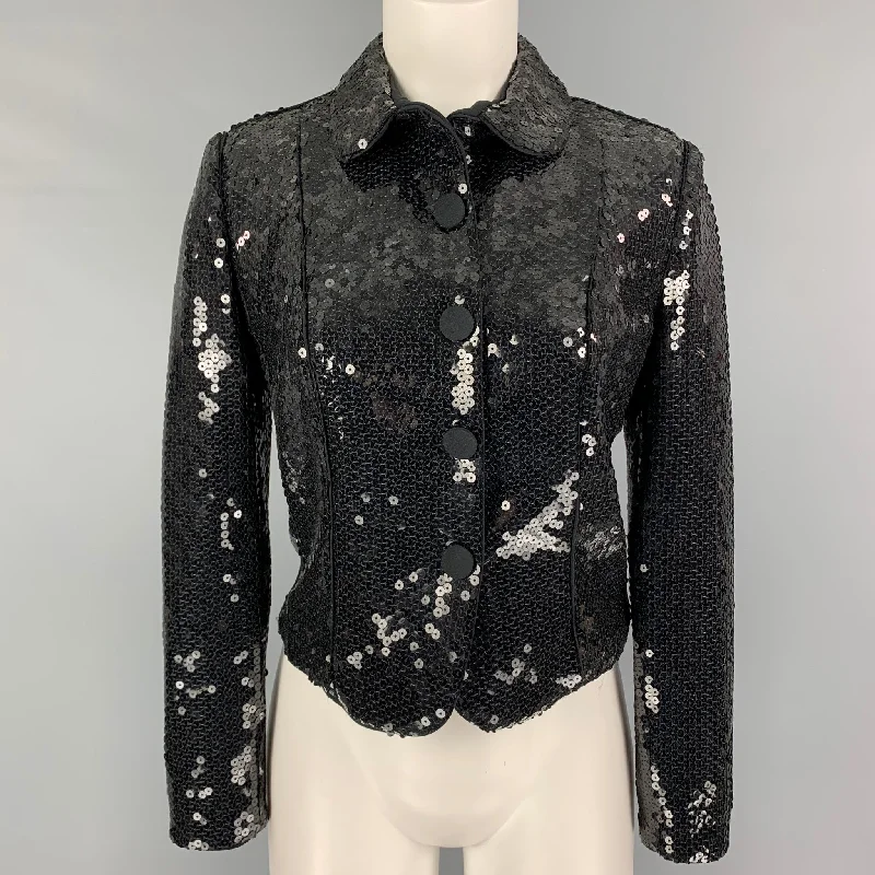 GIORGIO ARMANI Size M Black Sequined Cropped Jacket Zippered Jacket Buttoned Jacket Snapped Jacket