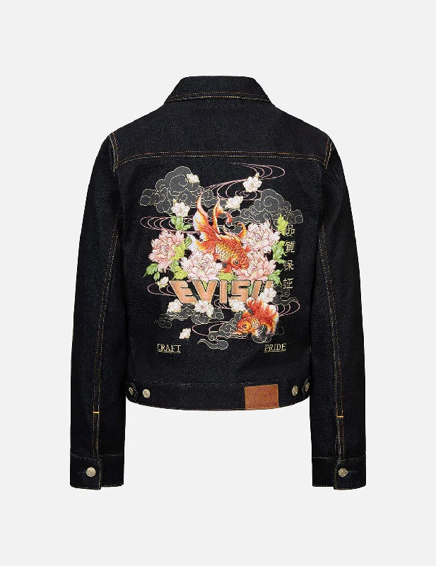 Goldfish and Floral Flow Embroidery Regular Fit Denim Jacket Nylon Fabric Polyester Fabric Spandex Fabric