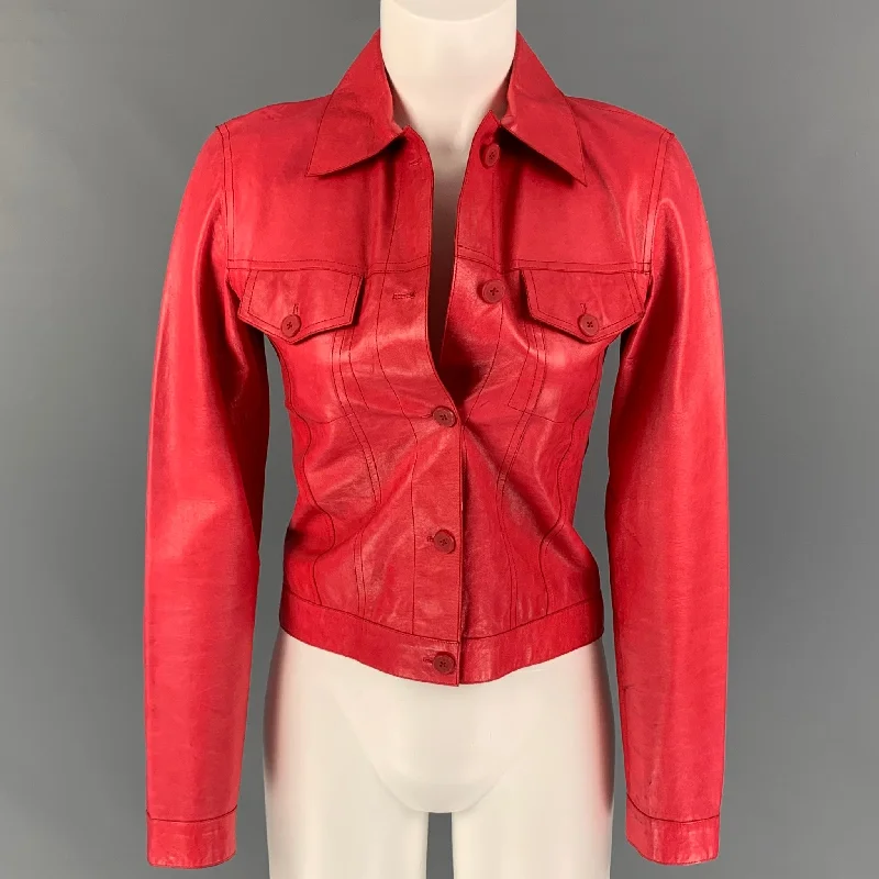 JIL SANDER Size 6 Red Leather Trucker Jacket Collared Jacket Crew Neck Jacket Turtle Neck Jacket