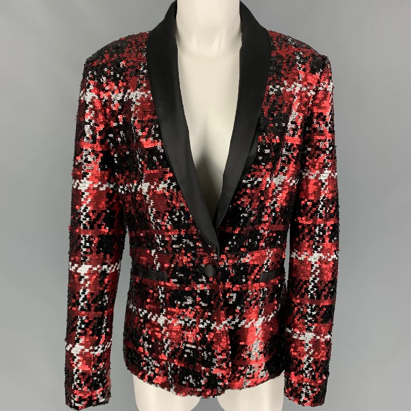 L'AGENCE Size 8 Black Red Polyester Sequined Jacket Welt Pockets Slit Pockets Flap Pockets