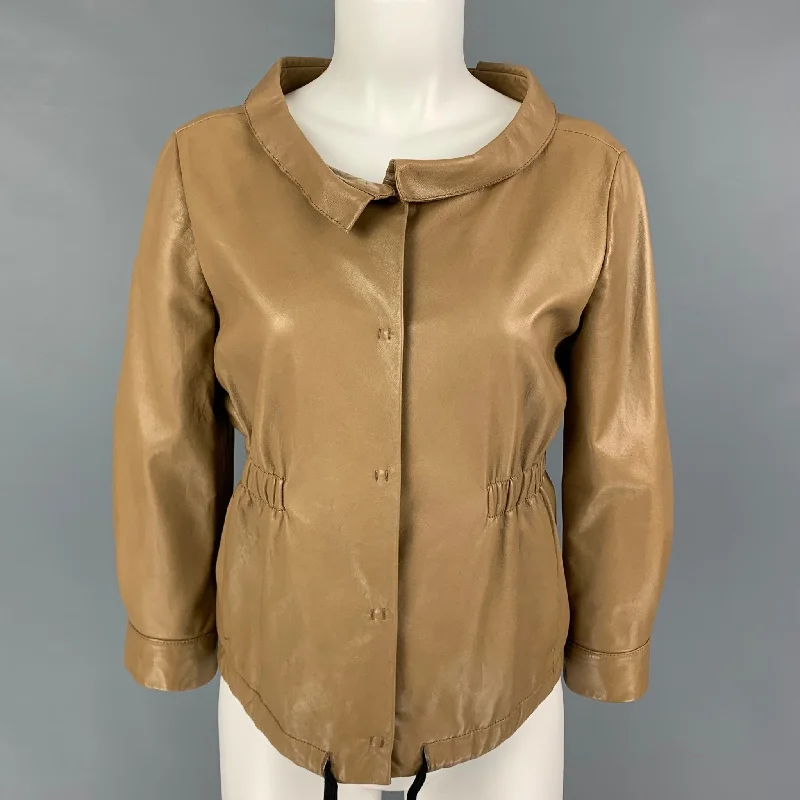 PRADA Size 4 Tan Leather 3/4 Sleeves Jacket Tiered Jacket Buttoned Jacket Zippered Jacket