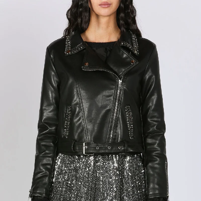 Rhinestones Embellished Vegan Leather Biker Jacket at Bourbon Cowgirl Belted Jacket Elasticated Jacket Padded Jacket