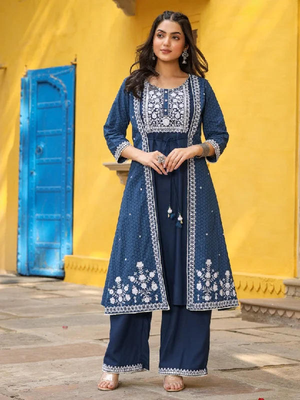 Women Blue Cotton Cambric Embroidered Jacket Style Kurta & Palazzo Set Satin Jacket Silk Jacket Chiffon Jacket