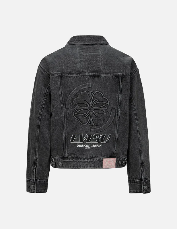 Seagull Embroidery and Kamon Embossed Print Loose Fit Denim Jacket Fleece Jacket Down Jacket Feather Jacket