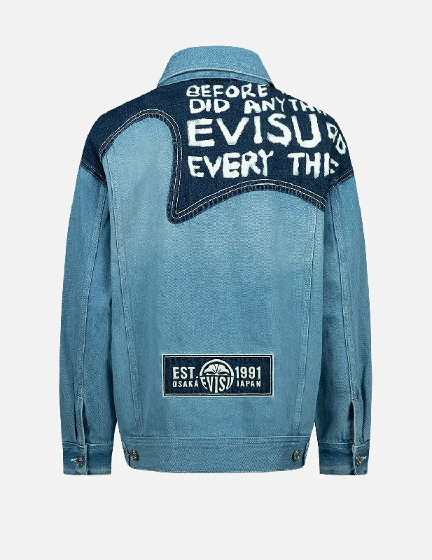 Seagull Embroidery and Slogan-print Blocking Denim Jacket Snapped Jacket Toggled Jacket Drawstring Jacket