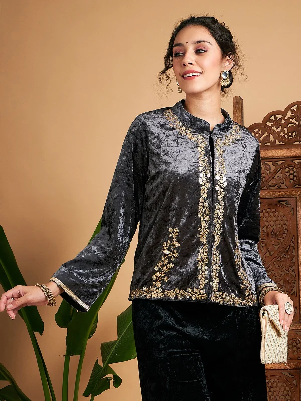 Women Grey Velvet Embroidered Jacket One-Shoulder Jacket Off-the-Shoulder Jacket Asymmetrical Jacket