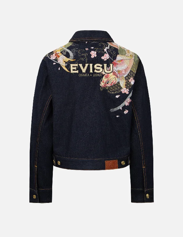 Tattoo Koi and Sakura Embroidery Denim Jacket Toggled Jacket Drawstring Jacket Belted Jacket