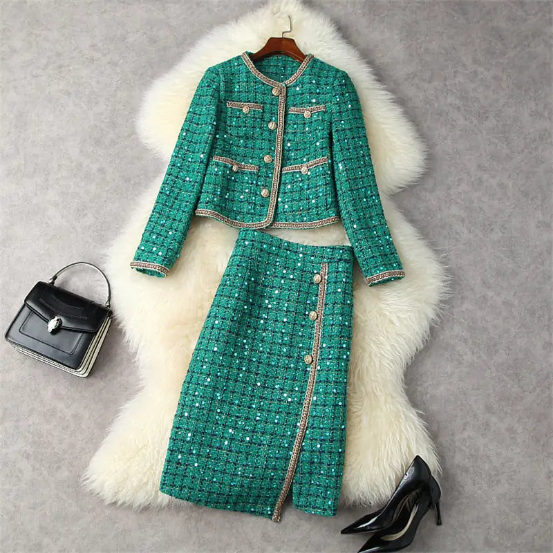 Vireous 'Cat Walk' Winter Tweed Jacket and Skirt Set Jacket Blazer Coat