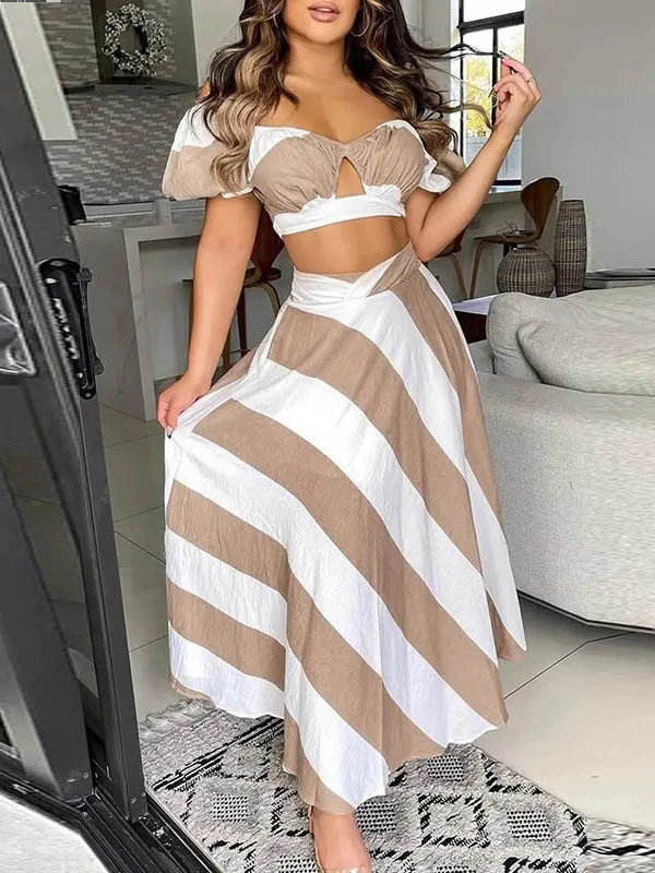 Women's Sets Striped Crop Hollow Top & Skirt Two-Piece Set breathable skirt fabric
