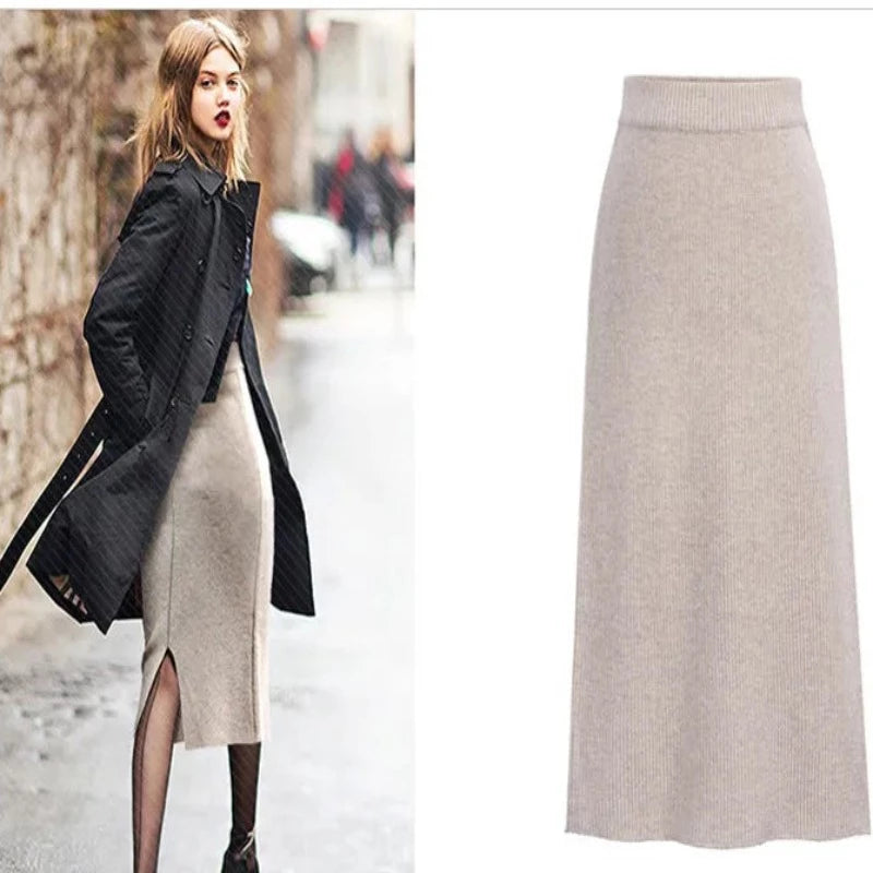 Autumn Winter Knit Pencil Skirt Women High Waist Skirts Womens Knited Split Midi Skirt For Women Autumn 6XL wool skirt sturdy