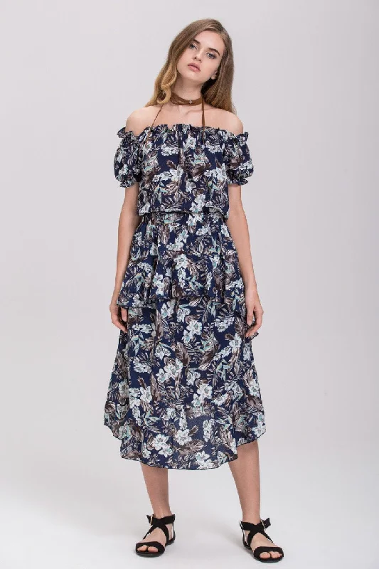 Blue Floral Printed Off the Shoulder and Ruffled Skirt Set velvet skirt rich