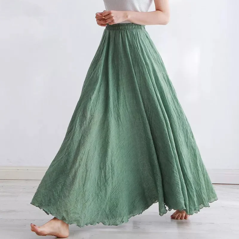 Boho Style Women's High-Waisted Elastic Casual Maxi Skirt in High-Quality Cotton Linen with Pleats - Beach-ready A-Line Skirt leather skirt bold