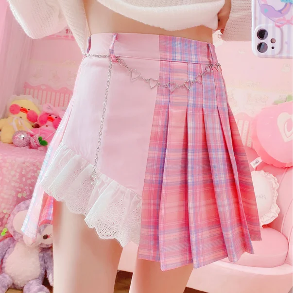 Cute pink plaid color matching pleated skirt YV43614 lace skirt elegant