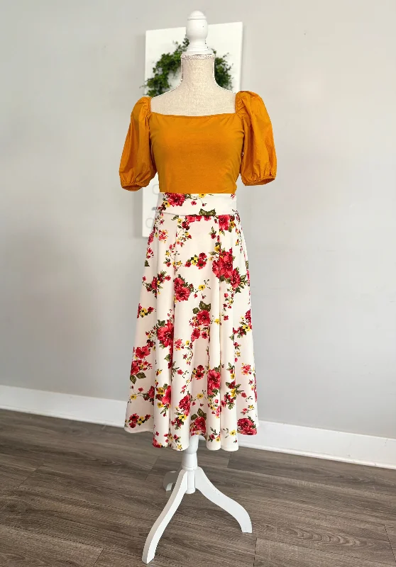 Demi Floral Midi Skirt - Red/White Mix ribbed skirt waist