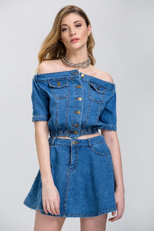 Denim Off the Shoulder Button Up Top and Mini Skirt Set velvet skirt glossy