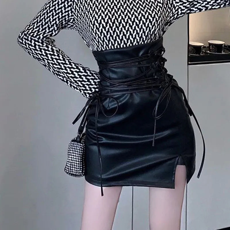 Gothic-Inspired Black Leather Mini Skirt High-Waisted, Slim Fit, Lace-Up Pencil Style with Sexy Club Appeal, Back Zipper, and Split Bag Hip Detail for Women lace skirt intricate