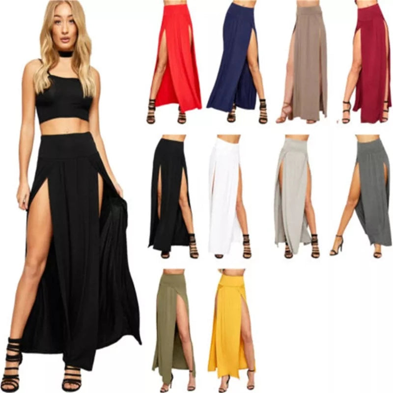 New Arrival High Waisted Sexy Womens Double Slits Summer Solid Long Maxi Skirt chiffon skirt airy