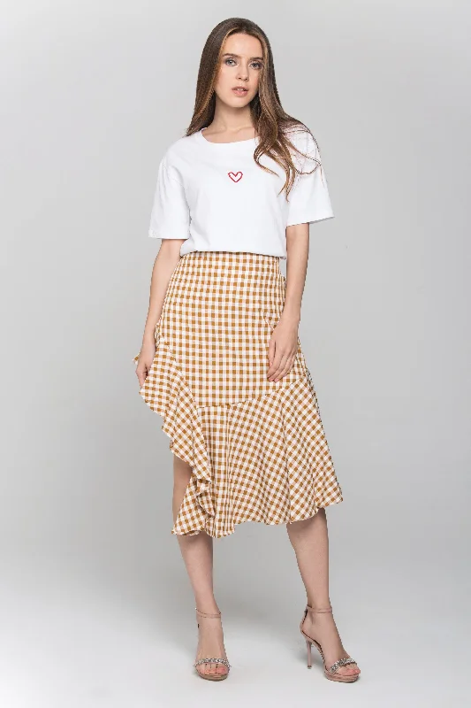 Peach Gingham Ruffle Hem Midi Skirt corduroy skirt durable