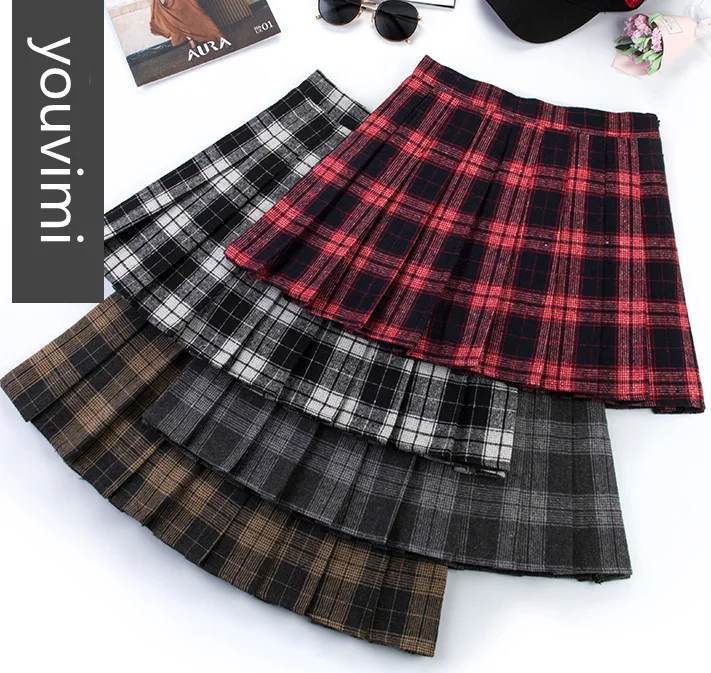 Plaid woolen skirt yv30515 velvet skirt glossy