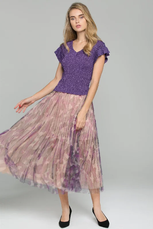 Purple Ruffled Top Chiffon Double Layer Accordion Pleats Midi Skirt Set tulle skirt dreamy