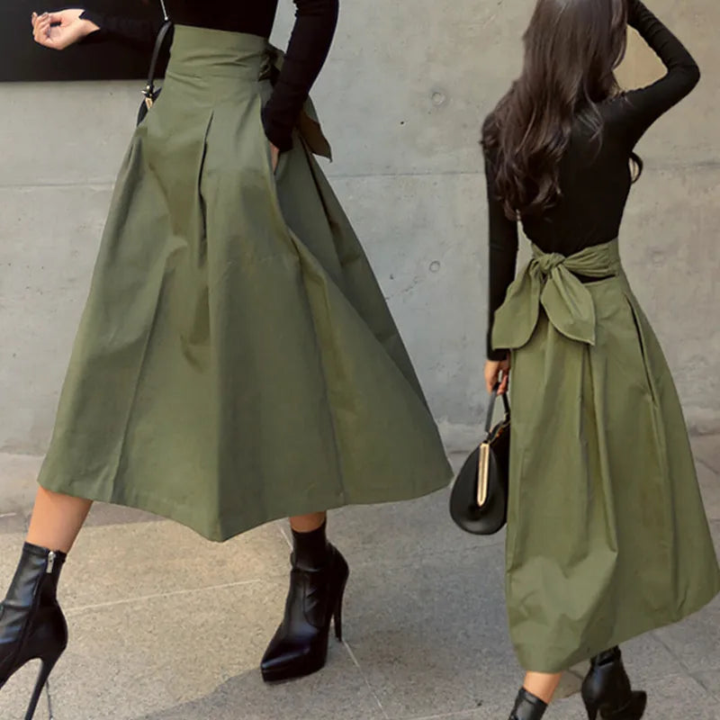 Skirts Womens 2024 Korean Fashion Solid Color Big Swing Women Skirt Long Skirt Autumn Wild High Waist Bow Slim Skirts denim skirt fashionable