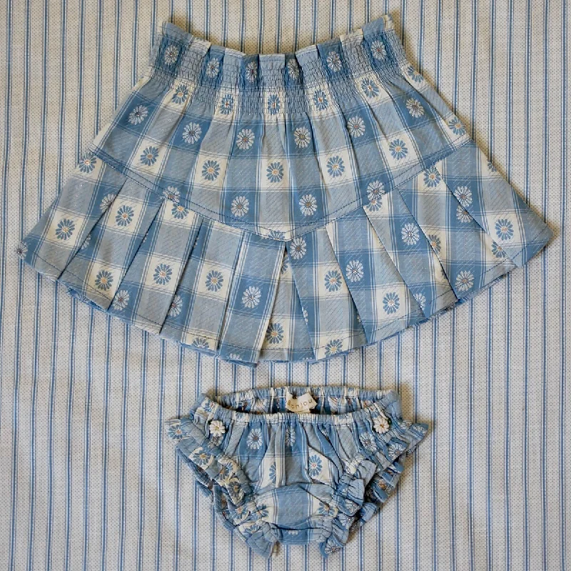 Pleated Skirt and Panty Set in Blue Jacquard Flower Check by Bonjour elastic waist skirt