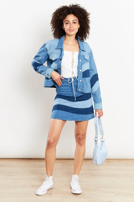 Tonal Patchwork Denim Mini Skirt - Blue corduroy skirt durable