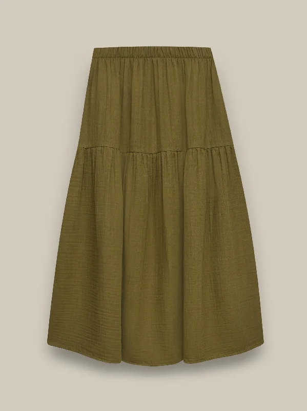 Women's Olive Muslin Skirt elastic waist skirt