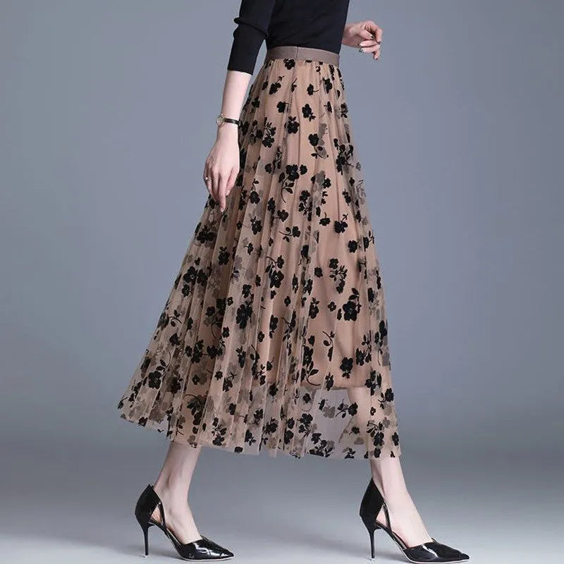 Elegant Mid-length All-match High-waist Slimming Flocking Floral Mesh Long Gauze Skirts Women  Autumn Winter High Waisted casual skirt length