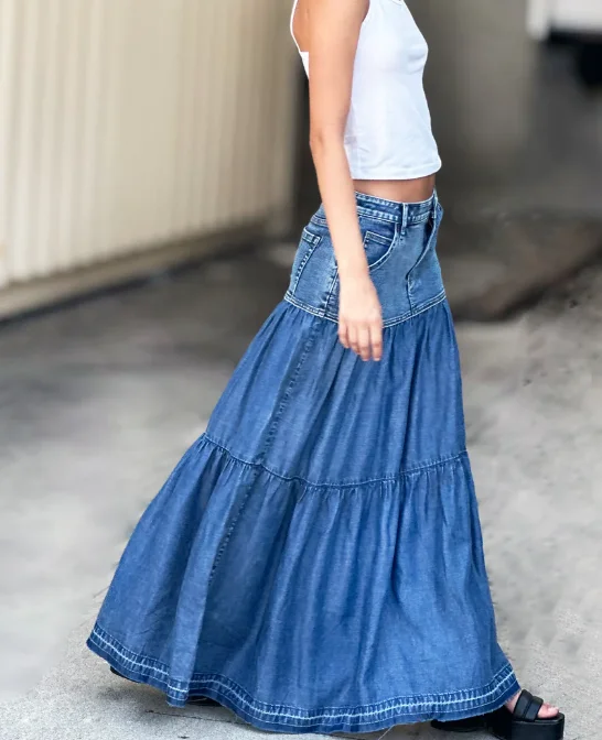 Fun Denim Maxi Skirt button skirt front