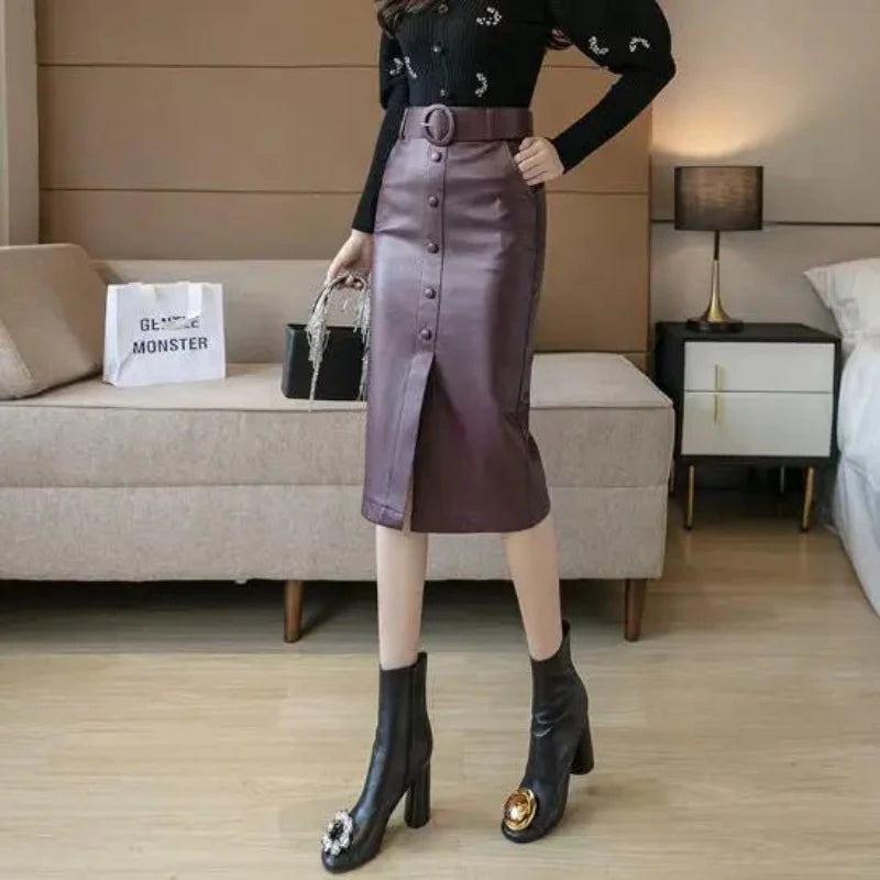 New Streetwear Bodycon Pencil Skirts Women Fashion  Korean Style High Waist PU Leather Skirt With Belt Slit Falda Midi Skirt breathable skirt fabric