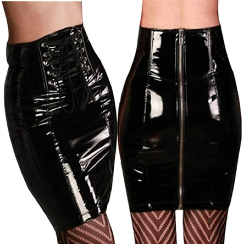 Shop the Sensational S-3XL Black High Waist Skirt: Sexy Club Latex PVC Leather Pencil Skirt with Lace Detailing high waist skirt