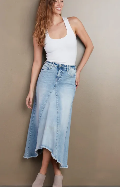 Selma Pieced Powder Blue Denim Maxi Skirt boho skirt vibe