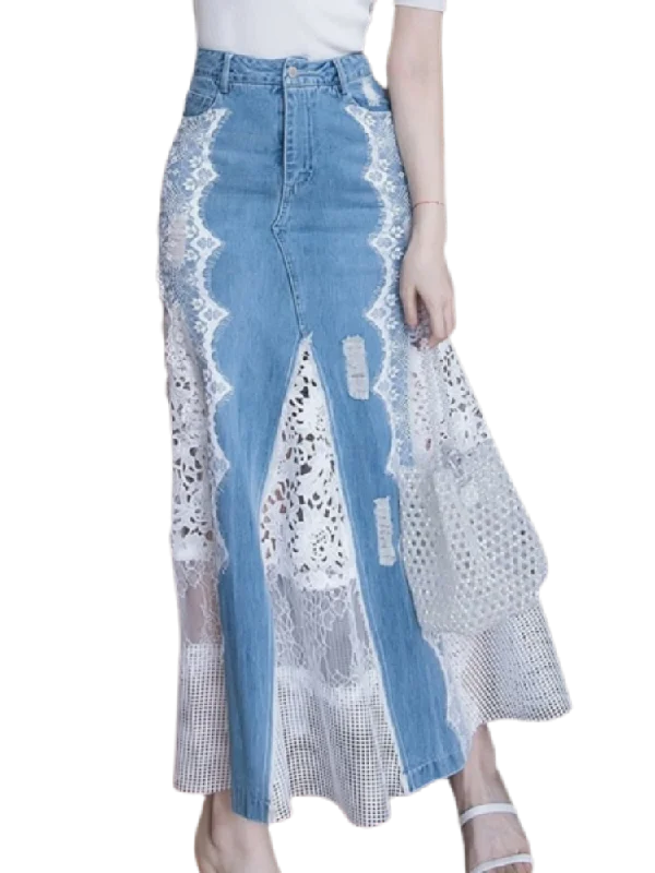 Spring Fashion Long Maxi Denim And Lace Fish Tail Skirt For Women S-2XL Mermaid Style High Waist Summer maxi skirt elegant