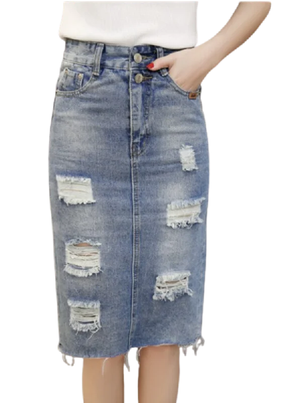 Summer 2023 Denim Teen Skirt High Waist Holes Back Slit Knee-length Midi Skirt Preppy Style pencil skirt chic