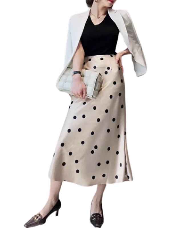 Summer High-waisted Skirt Womens 2023 Vintage Zipper Dots Satin Silk A-line Long Skirts Office Lady Champagne Slim Women Skirt modal blend skirt