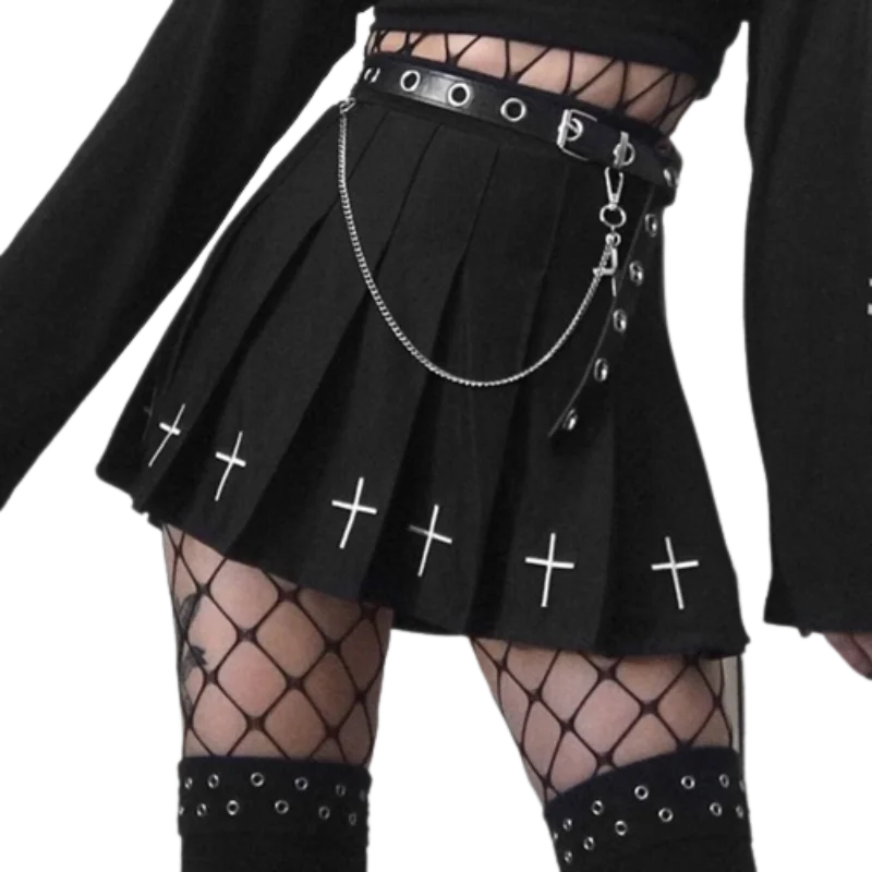 Black High Waist Mini Skirts  Gothic Streetwear Style with Punk Pleated Vintage Skirt, Cross Print, and Lolita Harajuku Vibes for Women seamless skirt comfort