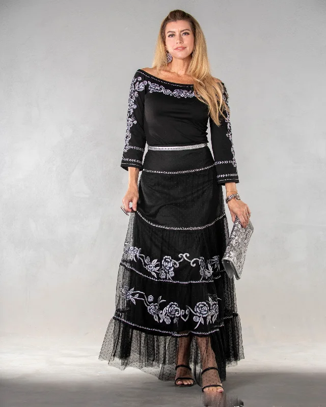 Women's Black Mesh Embroidered Maxi Skirt wrap skirt elegant