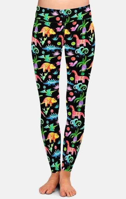 Ladies 3D Cartoon Dinosaurs Printed Leggings Comfortable Fleece-Lined Leggings