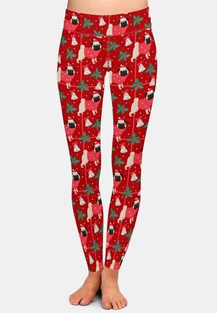 Ladies Merry "Pug" Christmas Printed Leggings Comfortable Wide-Band Leggings